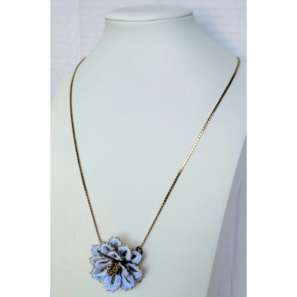 Enamel Flower Pendant Gold Blue Vintage Necklace